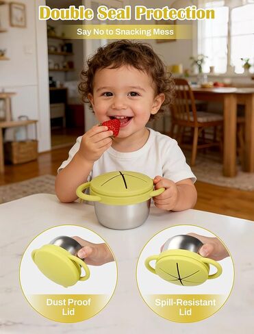 2 Pack Stainless Steel Snack Cups for Toddlers Spill Proof, Toddler Snack Containers with Spill-Proof Silicone Lids & Handles, Dishwasher Safe Perfect for Mess-Free Snacking (Orange+Blue) in Kuwait