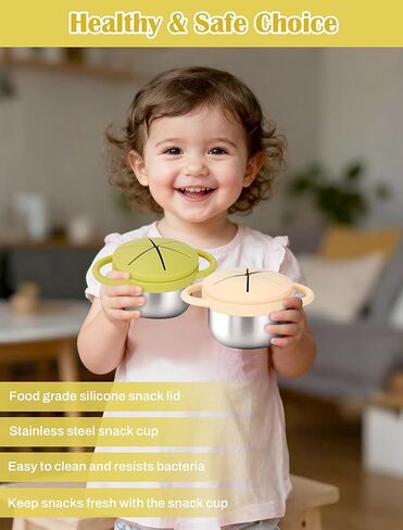 2 Pack Stainless Steel Snack Cups for Toddlers Spill Proof, Toddler Snack Containers with Spill-Proof Silicone Lids & Handles, Dishwasher Safe Perfect for Mess-Free Snacking (Orange+Blue) in Kuwait