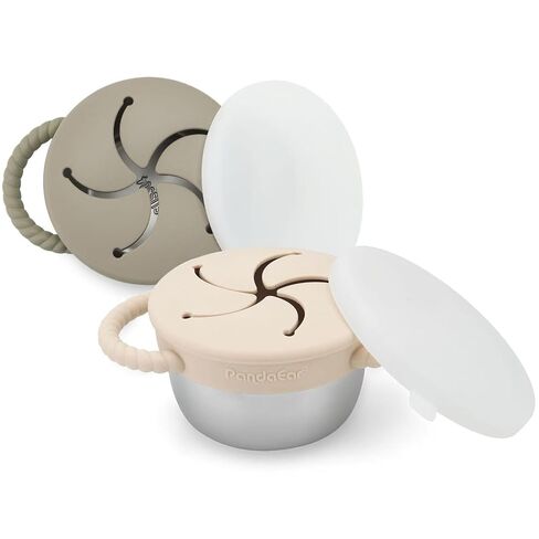 PandaEar 2 Pack Stainless Steel Toddler Snack Cups, Spill Proof Snack Containers with Silicone Food Catcher & Handles, 9 oz Baby Snack Cup Holder with Lid for Kids, Dishwasher Safe (Beige & Sage) in Saudi Arabia
