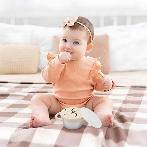 PandaEar 2 Pack Stainless Steel Toddler Snack Cups, Spill Proof Snack Containers with Silicone Food Catcher & Handles, 9 oz Baby Snack Cup Holder with Lid for Kids, Dishwasher Safe (Beige & Sage) in Saudi Arabia