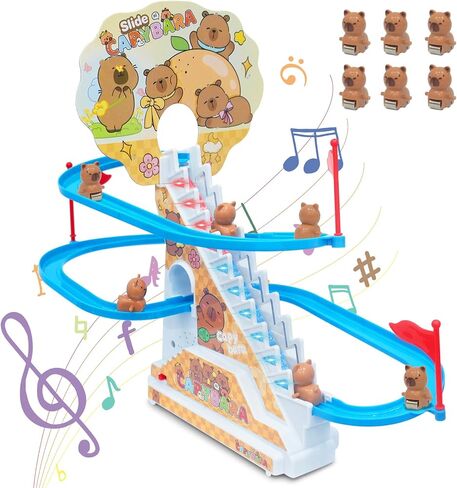 Roller Coaster Toys for Toddlers, Climbing Stairs Slide Toy Set with Flashing Lights & Music On/Off Button, Birthday Capybara Gifts for Boys Girls Kids in Kuwait