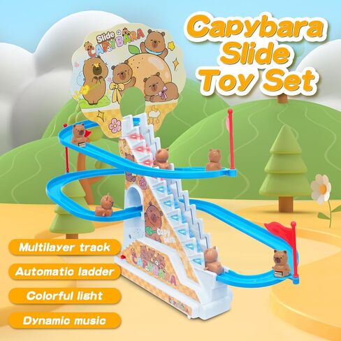 Roller Coaster Toys for Toddlers, Climbing Stairs Slide Toy Set with Flashing Lights & Music On/Off Button, Birthday Capybara Gifts for Boys Girls Kids in Kuwait