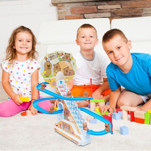 Roller Coaster Toys for Toddlers, Climbing Stairs Slide Toy Set with Flashing Lights & Music On/Off Button, Birthday Capybara Gifts for Boys Girls Kids in Kuwait