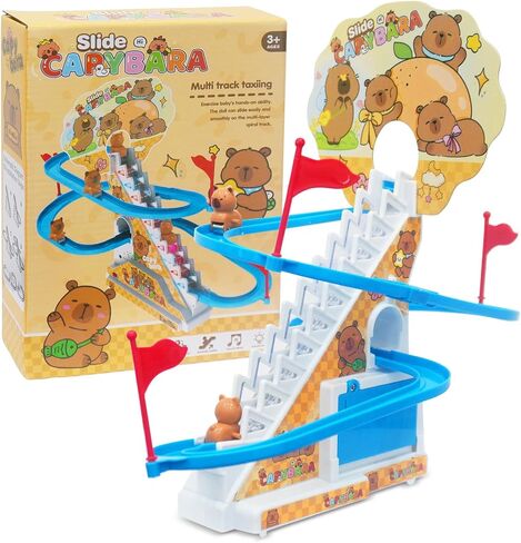 Roller Coaster Toys for Toddlers, Climbing Stairs Slide Toy Set with Flashing Lights & Music On/Off Button, Birthday Capybara Gifts for Boys Girls Kids in Kuwait