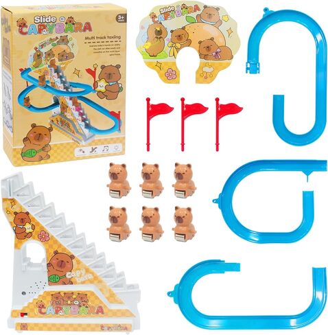 Roller Coaster Toys for Toddlers, Climbing Stairs Slide Toy Set with Flashing Lights & Music On/Off Button, Birthday Capybara Gifts for Boys Girls Kids in Kuwait