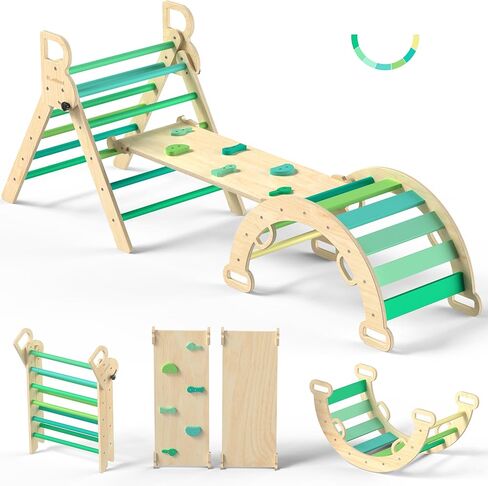 BlueWood Pikler Triangle Set, Toddler Wooden Climbing Toys Indoor 7in1 Foldable Climber for Kids, Montessori Philosophy Play Jungle Gym with Arch, Ramp, Ladder (Colorful Spring) in Saudi Arabia
