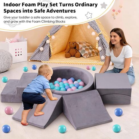 Toddler Climbing Toys Indoor for 1-3, Baby Foam Climbing Blocks with Ball Pit, Climbing Toys for Toddlers 1 Year Old, Baby Soft Play Set Modular Crawling Sliding Play Activity (Balls Not Included) in Kuwait