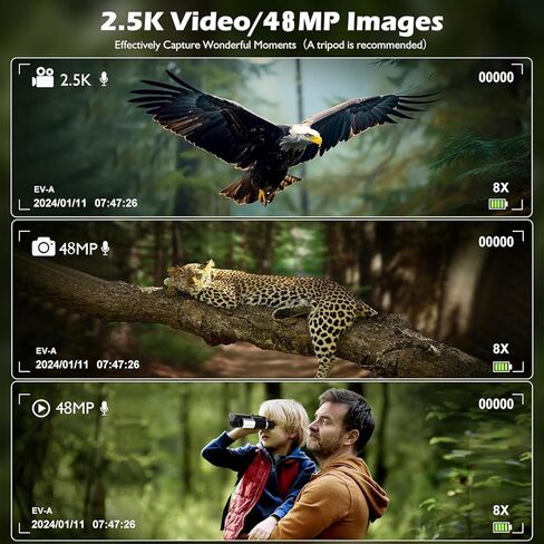 مناظير كاميرا رقمية 2 في 1 للبالغين، 12x32 HD مع شاشة LCD 2.4 بوصة، تسجيل فيديو 48 ميجابكسل و2.5K، تكبير رقمي 8X لمشاهدة الطيور والحفلات الموسيقية والسفر 32 جيجابايت in Kuwait