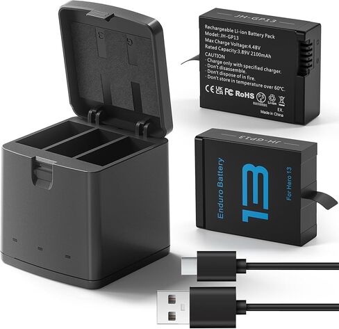 2 Packs Batteries 2100mAh Compatible with GoPro Hero 13 Black Camera with 3 Slot Battery Charging Station (Charger & 2 Batteries) in Kuwait
