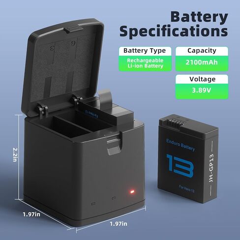 2 Packs Batteries 2100mAh Compatible with GoPro Hero 13 Black Camera with 3 Slot Battery Charging Station (Charger & 2 Batteries) in Kuwait