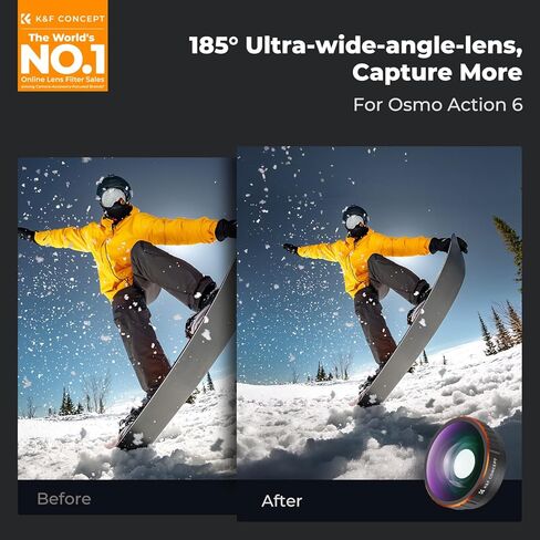 برغي K&F CONCEPT على عدسة واسعة الزاوية متوافقة مع DJI Osmo Action 6 فقط، 185 درجة FOV Boost متعددة الطبقات HD ملحقات كاميرا الحركة الزجاجية البصرية عدسة منظور أوسع مع غطاء سيليكون in Kuwait