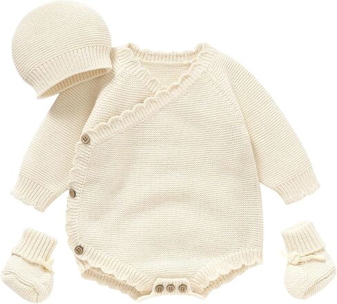Opewod Unisex Baby 3 Piece Sweater Set Cotton Knit Romper with Hat and Booties, Long Sleeve Outfit Newborn Infant Clothes in Kuwait