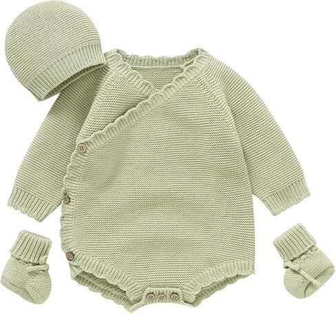 Opewod Unisex Baby 3 Piece Sweater Set Cotton Knit Romper with Hat and Booties, Long Sleeve Outfit Newborn Infant Clothes in Saudi Arabia
