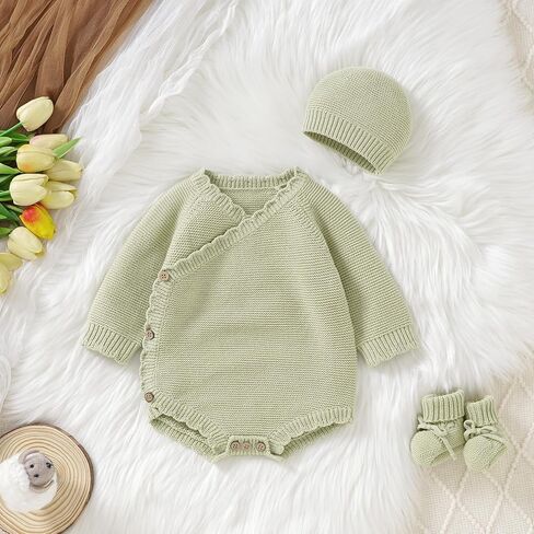 Opewod Unisex Baby 3 Piece Sweater Set Cotton Knit Romper with Hat and Booties, Long Sleeve Outfit Newborn Infant Clothes in Saudi Arabia
