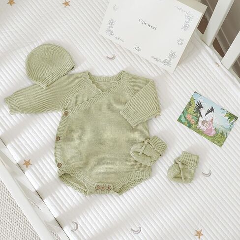 Opewod Unisex Baby 3 Piece Sweater Set Cotton Knit Romper with Hat and Booties, Long Sleeve Outfit Newborn Infant Clothes in Saudi Arabia