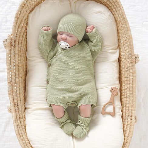 Opewod Unisex Baby 3 Piece Sweater Set Cotton Knit Romper with Hat and Booties, Long Sleeve Outfit Newborn Infant Clothes in Saudi Arabia