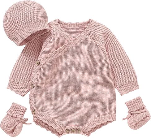 Opewod Unisex Baby 3 Piece Sweater Set Cotton Knit Romper with Hat and Booties, Long Sleeve Outfit Newborn Infant Clothes in Saudi Arabia