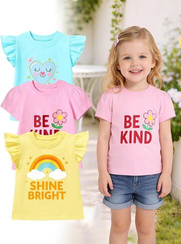 Girls 3 Pack Short Sleeve T-Shirts, Rainbow Heart Flower Ruffle Puff Sleeve Casual Crew Neck Graphic Tees for Kids 2-7Y in Kuwait