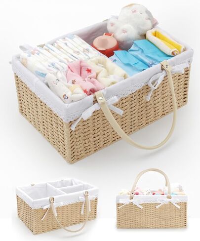 Large Baby Diaper Caddy Basket - Wicker Paper Rope Storage Baskets Portable Woven Car Organizer for Diapers With Cotton Divider Brown in Saudi Arabia