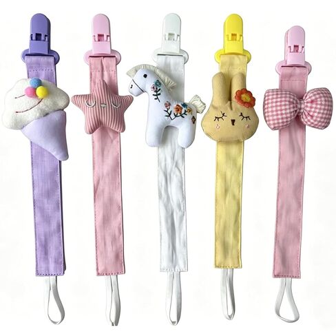 Baby's Breath 5 Pack Animal Pacifier Clips with Adjustable Strap (14.5-18.3 in) – Cute Unicorn Lion Elephant Dinosaur Koala Design, Soft Textile Baby Holder Set for Boys Girls, Neutral Colors in Kuwait