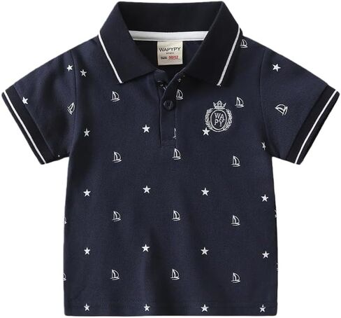 Toddler Boys' Short-Sleeve Polo Shirts, Nautical Sailboat Print Tops, Embroidered Crest Knit Tees for Summer Wear in Kuwait