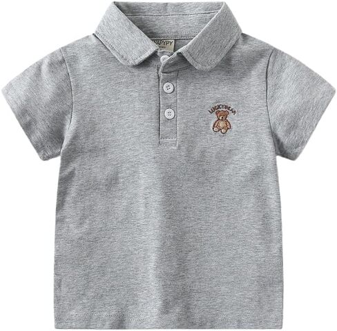 Irsutey Toddler Boys' Short-Sleeve Polo Shirt, Embroidered Bear Chest Detail, Casual Pique Knit Collared Tee for Summer Wear in Saudi Arabia