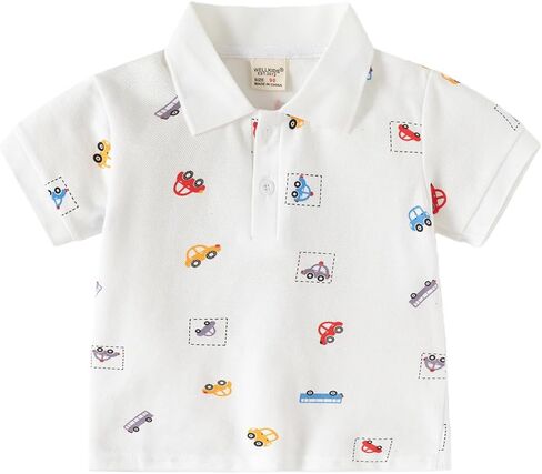 Toddler Boys Car Print Polo Shirt, Short Sleeve Johnny Collar Pique Knit Casual Top with One-Button Placket in Kuwait