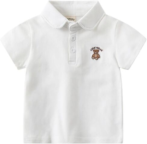Irsutey Toddler Boys' Short-Sleeve Polo Shirt, Embroidered Bear Chest Detail, Casual Pique Knit Collared Tee for Summer Wear in Saudi Arabia