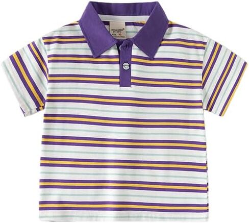 Toddler Boys Contrast Collar Striped Polo Shirt, Short Sleeve Johnny Collar Pique Knit Casual Top with Button Placket in Kuwait