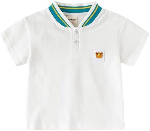 Toddler Boys & Girls Contrast Ribbed Collar Polo Shirt, Short Sleeve Henley Placket Casual Top with Bear Applique in Kuwait