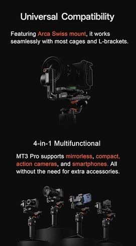 مثبت الكاميرا hohem iSteady MT3 Pro مع تتبع الذكاء الاصطناعي، انحراف 4 في 1 للكاميرا بدون مرآة/مدمجة/الحركة والهواتف الذكية، جهاز تحكم عن بعد بشاشة لمس 1.4 بوصة قابل للفصل، حمولة 2.5 كجم/5.5 رطل، ضوء ملء CCT/RGB in Kuwait