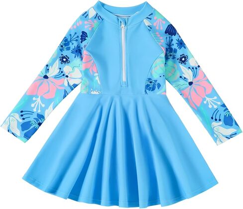 Toddler Girl Swimsuit with Skirt Girls One Piece Swim Dress Bathing Suit Zippered Long Sleeve Baby Rash Guard Swimwear in Kuwait