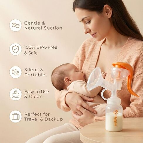 مضخة الثدي اليدوية من هيجيا | استخدام بيد واحدة | خفيفة الوزن ومحمولة | خالية من مادة BPA | شفط مريح وهادئ | تتضمن حواف مقاس 24 مم و28 مم in Kuwait