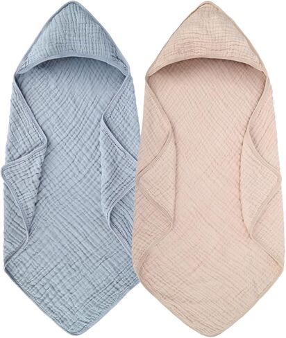 2 Pack Baby Hooded Bath Towel Muslin Cotton 32x32 Inches Brown and Misty Blue Neutral Style Elegant Colors Ultra Soft Absorbent in Kuwait