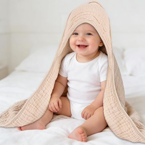 2 Pack Baby Hooded Bath Towel Muslin Cotton 32x32 Inches Brown and Misty Blue Neutral Style Elegant Colors Ultra Soft Absorbent in Kuwait
