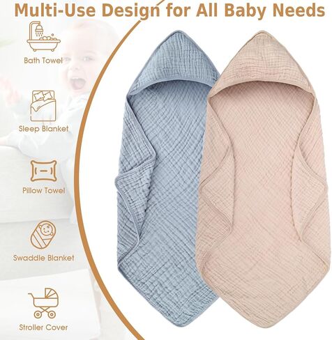 2 Pack Baby Hooded Bath Towel Muslin Cotton 32x32 Inches Brown and Misty Blue Neutral Style Elegant Colors Ultra Soft Absorbent in Kuwait