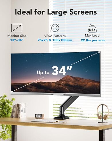 HUANUO Single Monitor Arm 13-34 Inch, Adjustable Gas Spring Arm, Monitor Desk Mount for 4.4-22lbs, VESA 75/100mm with C-Clamp/Grommet Base, Ergonomic Stand for Work/Gaming in Saudi Arabia