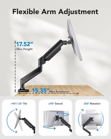 HUANUO Single Monitor Arm 13-34 Inch, Adjustable Gas Spring Arm, Monitor Desk Mount for 4.4-22lbs, VESA 75/100mm with C-Clamp/Grommet Base, Ergonomic Stand for Work/Gaming in Saudi Arabia