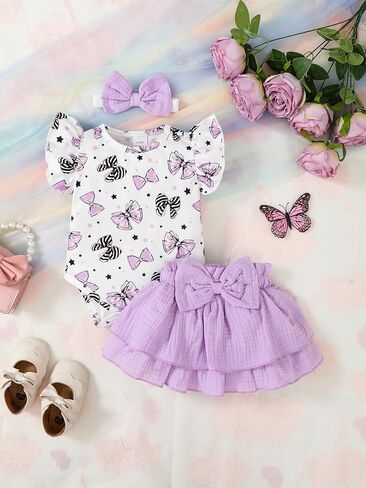 Baby Girl Ribbed Flutter Sleeve Bodysuit with Bow Print Skirt and Headband Outfit Set in Saudi Arabia