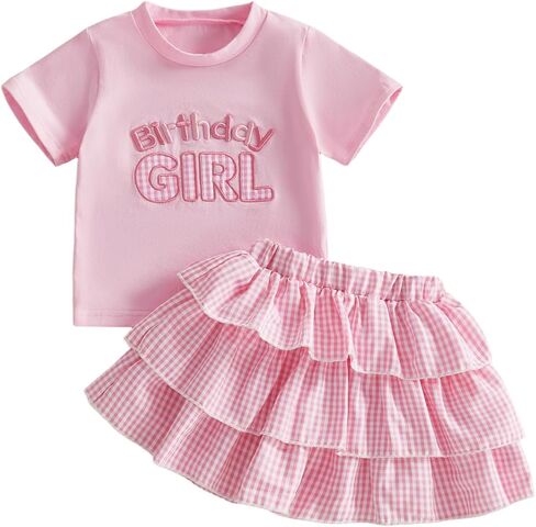Birthday Girl Toddler Outfit Infant Baby Short Sleeve Letter Shirts and Ruffled Gingham Skirts Set 2Pcs Summer Clothes in Kuwait