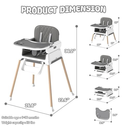 4 in 1 Baby High Chair for Babies and Toddlers, Foldable & Portable Convertible Booster Seat, Adjustable Tray & Footrest, Lightweight, Stable, Easy to Clean, Grey in Kuwait