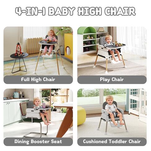 4 in 1 Baby High Chair for Babies and Toddlers, Foldable & Portable Convertible Booster Seat, Adjustable Tray & Footrest, Lightweight, Stable, Easy to Clean, Grey in Kuwait