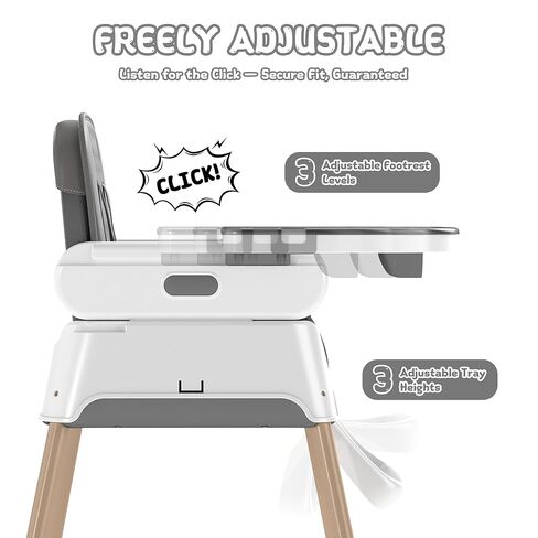 4 in 1 Baby High Chair for Babies and Toddlers, Foldable & Portable Convertible Booster Seat, Adjustable Tray & Footrest, Lightweight, Stable, Easy to Clean, Grey in Kuwait