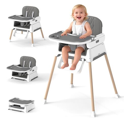 4 in 1 Baby High Chair for Babies and Toddlers, Foldable & Portable Convertible Booster Seat, Adjustable Tray & Footrest, Lightweight, Stable, Easy to Clean, Grey in Saudi Arabia