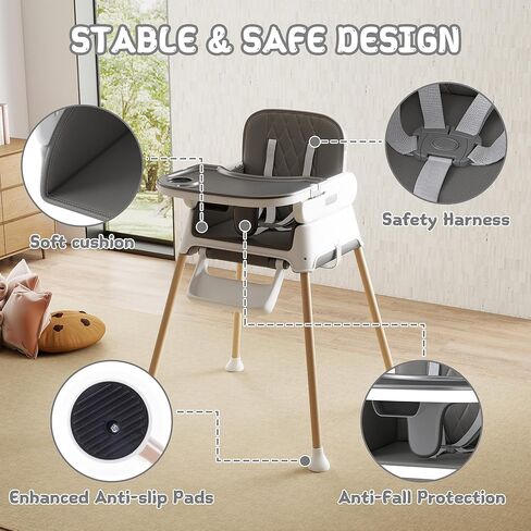 4 in 1 Baby High Chair for Babies and Toddlers, Foldable & Portable Convertible Booster Seat, Adjustable Tray & Footrest, Lightweight, Stable, Easy to Clean, Grey in Saudi Arabia