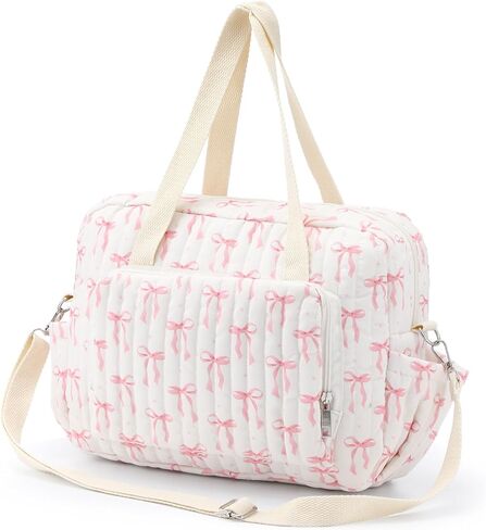 Tallew Small Diaper Bag Tote, Pink Bow Quilted Crossbody Diaper Bag Mom Tote with 6 Pockets and 2 Bottle Pockets Lightweight Nylon Travel Purse for Mom and Dad in Kuwait