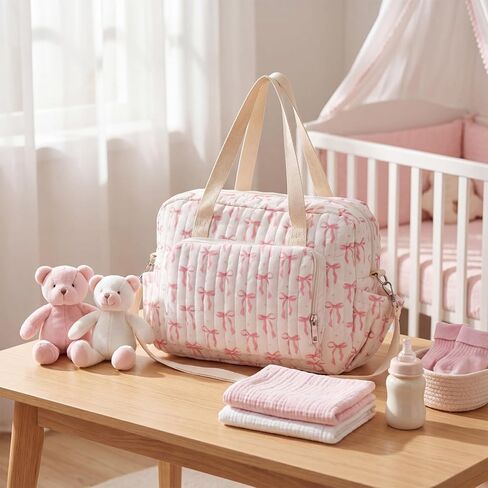 Tallew Small Diaper Bag Tote, Pink Bow Quilted Crossbody Diaper Bag Mom Tote with 6 Pockets and 2 Bottle Pockets Lightweight Nylon Travel Purse for Mom and Dad in Kuwait