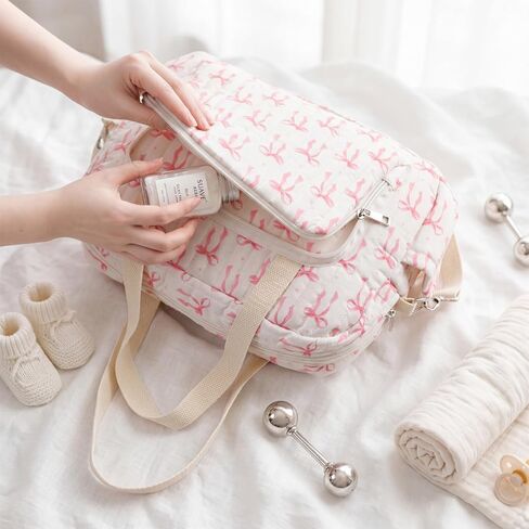 Tallew Small Diaper Bag Tote, Pink Bow Quilted Crossbody Diaper Bag Mom Tote with 6 Pockets and 2 Bottle Pockets Lightweight Nylon Travel Purse for Mom and Dad in Kuwait