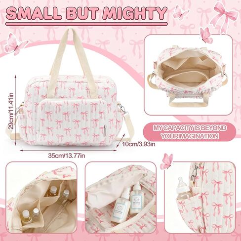 Tallew Small Diaper Bag Tote, Pink Bow Quilted Crossbody Diaper Bag Mom Tote with 6 Pockets and 2 Bottle Pockets Lightweight Nylon Travel Purse for Mom and Dad in Kuwait