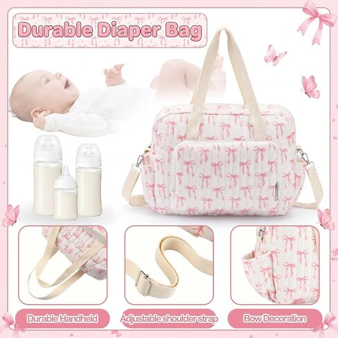 Tallew Small Diaper Bag Tote, Pink Bow Quilted Crossbody Diaper Bag Mom Tote with 6 Pockets and 2 Bottle Pockets Lightweight Nylon Travel Purse for Mom and Dad in Kuwait